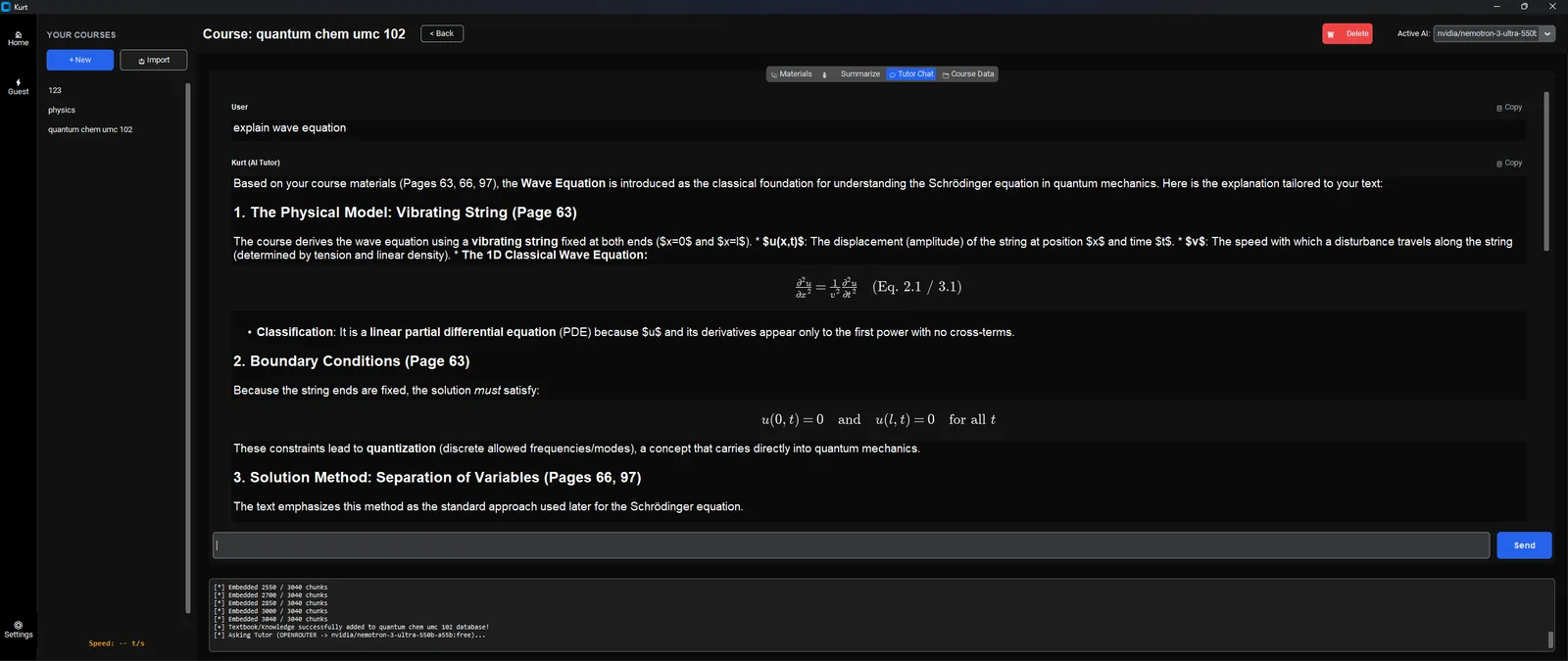 Kurt's tutor chat interface showing a grounded answer with an inline-rendered mathematical equation